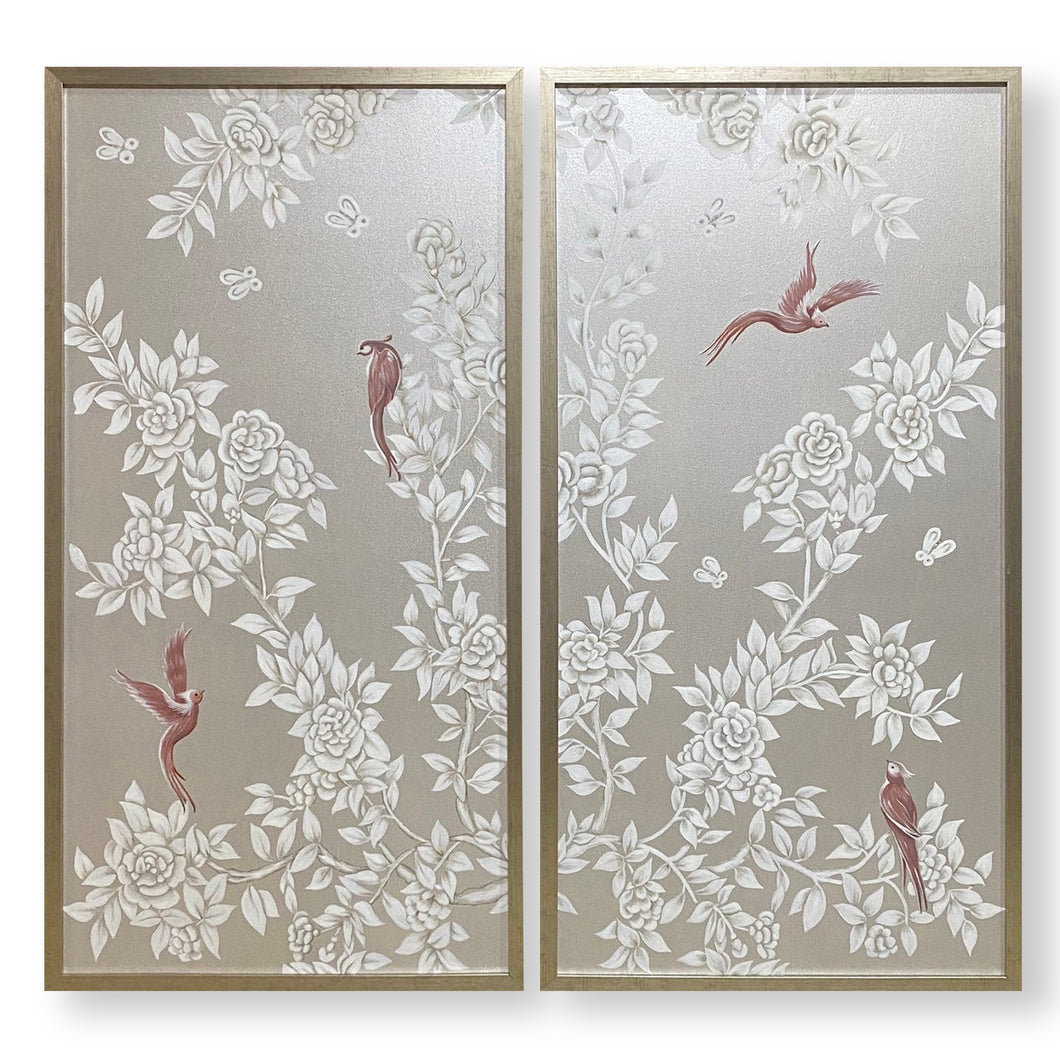 Set of 2 Silver & Pink Chinoiserie Panels