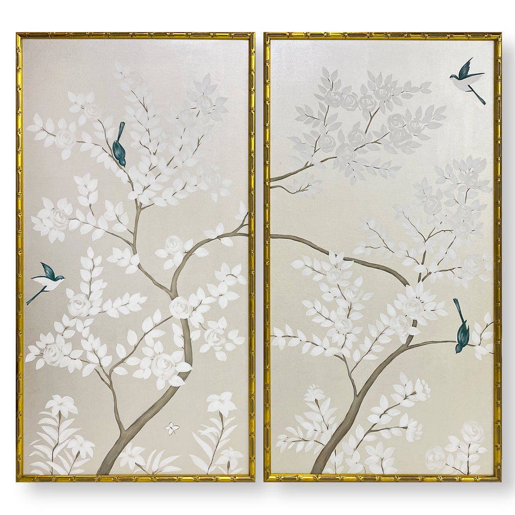 Set of 2 Silver Chinoiserie Panels